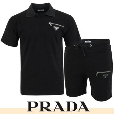 PRADA 프라다 오픈카라 지퍼포켓 반팔 & 반바지 세트