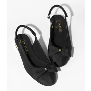 ●샤넬 리본 로고 블랙 슬링 플랫 슈즈●