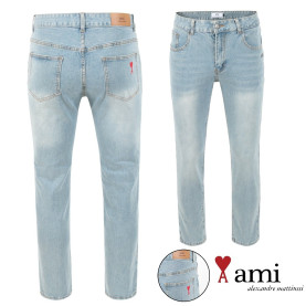 AMI 아미 드 꾀흐 자수 워싱 연청 슬림진