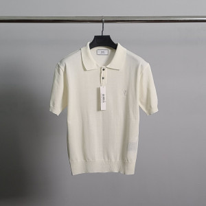 AMI 아미 화이트하트자수 린넨 반팔 카라 니트